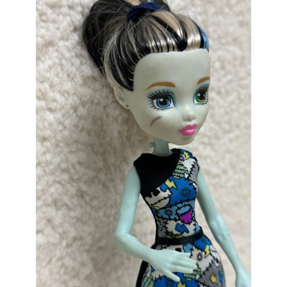 Monster High Frankie Stein Doll Blue Patchwork Dress Yellow Wedge Boots